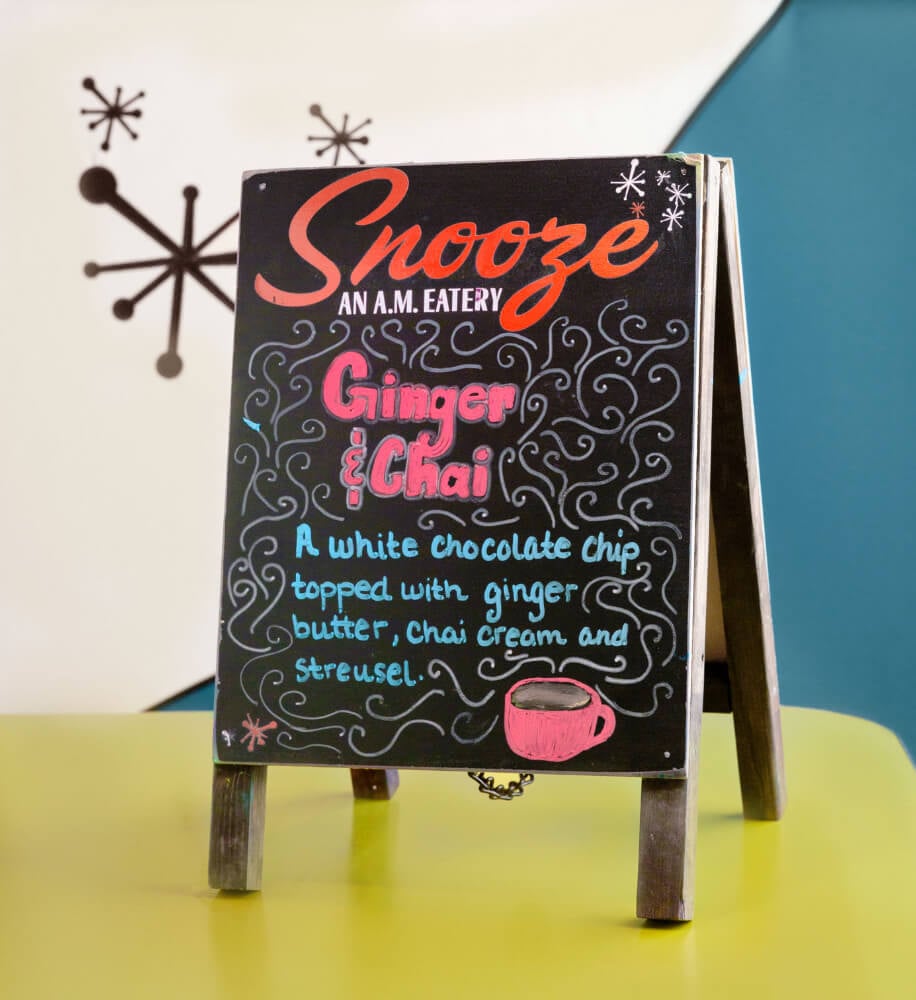 Snooze Tabletop A-Frame Sign Featuring Special Eats & Drinks