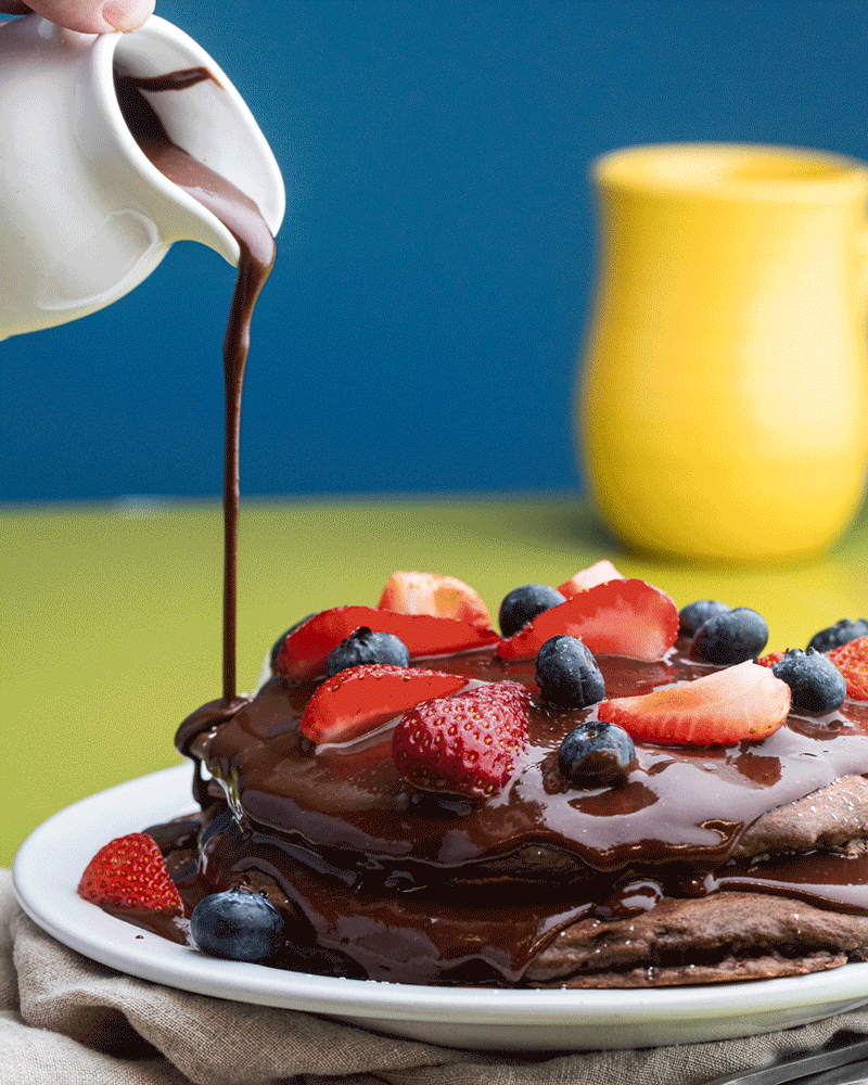 Pouring Chocolate On Snooze's Double Chocolate Brownie Pancakes